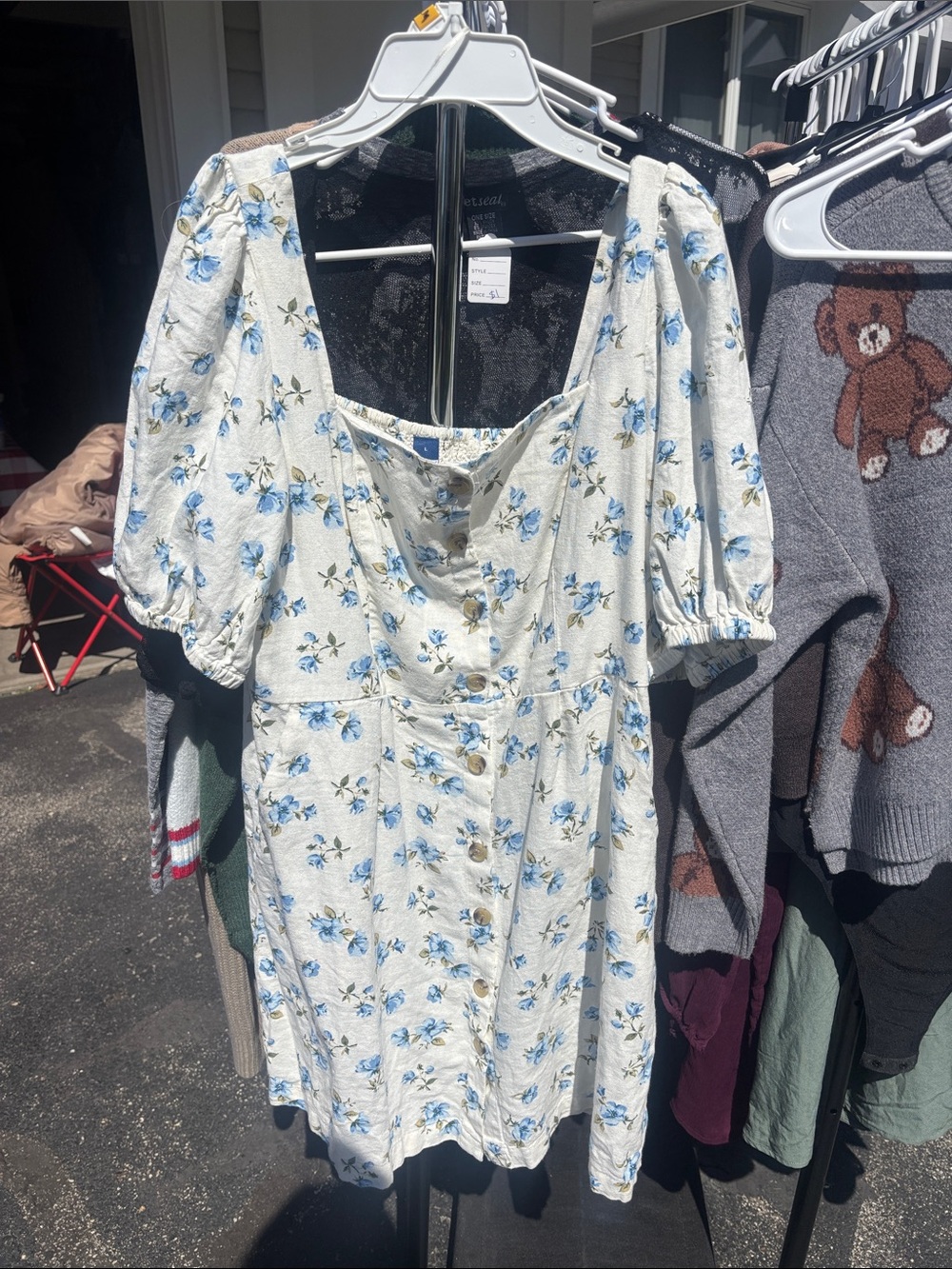 Old Navy White Floral Button-Front Dress with Blue Flowers